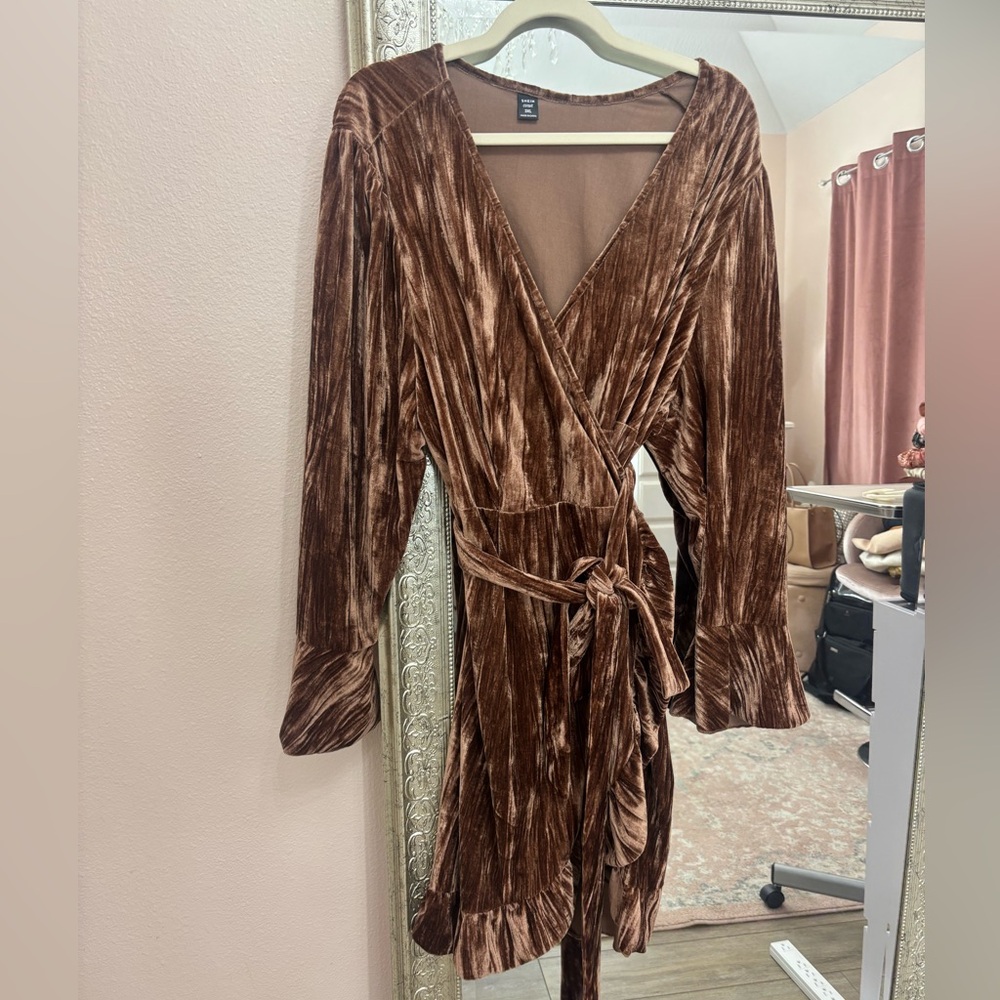 SHEIN Brown Velvet Wrap Dress